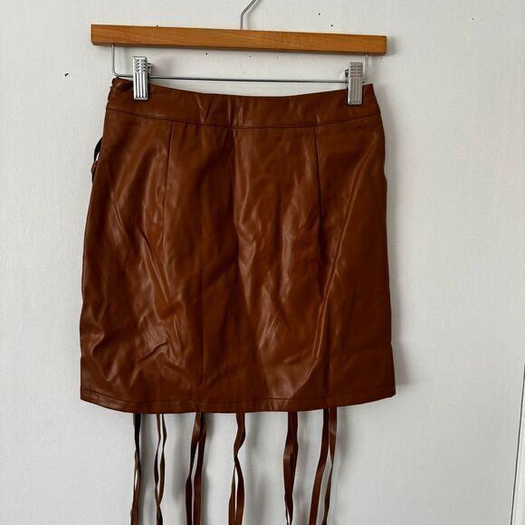Micas Brown Faux Leather Fringe Mini Skirt Boho Festival Party Wear M - Picture 7 of 10
